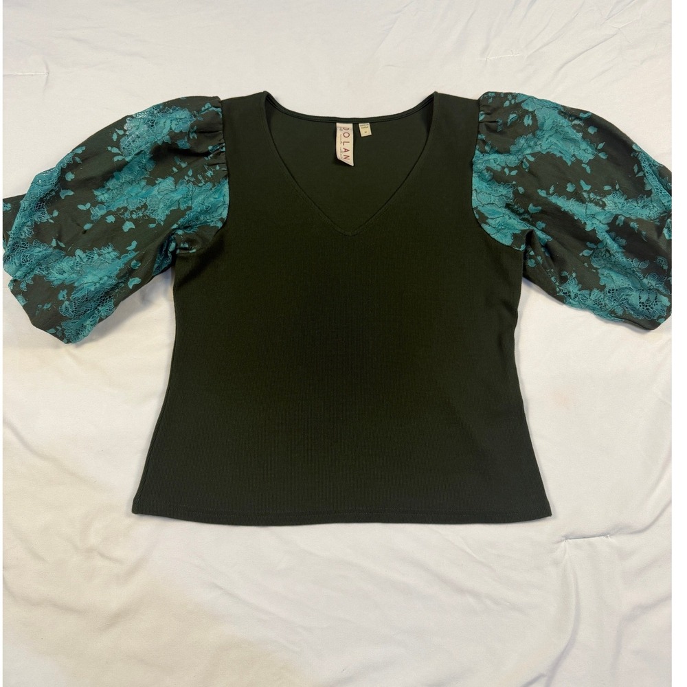 Dolan Left Coast Collection Anthropology Blouse Lace Puff Sleeve‎ Med Green Teal